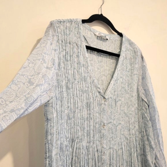 Zara Blue Teal Paisley Crinkled Relaxed Fit Button Down Maxi Sheath Dress M EUC - Picture 3 of 12